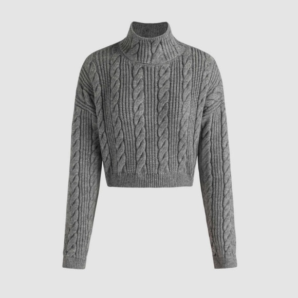 Cider NWOT Cropped Twisted Cable Knit Grey Turtleneck Dolman Sleeve Sweater - Picture 1 of 4